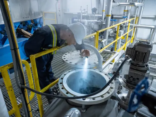 An engineer in a hardhat lifts the heavy metal lid of the GCE tank in the Swiss Water facility, which holds the GCE used to extract caffeines. He is shining a flashlight into the tank.