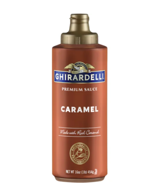 A Ghirardelli Caramel sauce bottle.