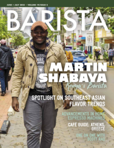 The cover of the June + July 2023 issue of Barista Magazine featuring Martin Shabaya of Kenya.