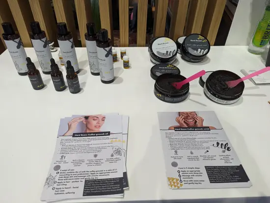 Various skincare and cosmetics products from Hard Beans in dropper bottles and small plastic tubs.