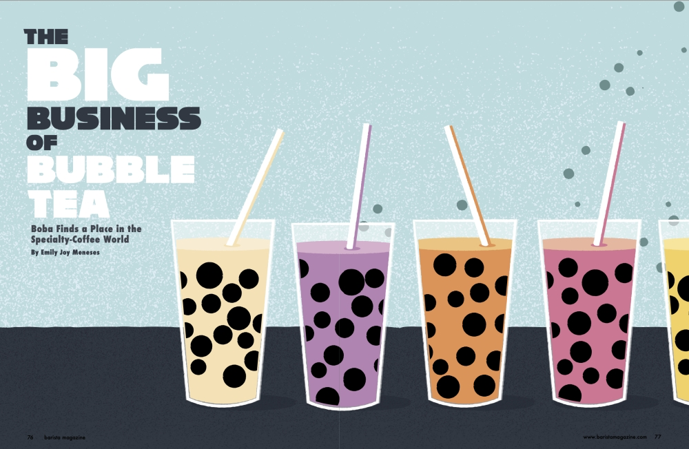 The opening spread of "The Big Business of Bubble Tea" with illustrated cups of bubble tea.
