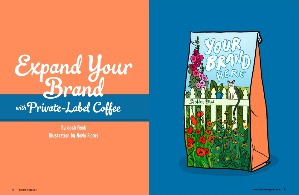 "Expand Your Brand with Private-Label Coffee" opening two-page spread with text or the left page and an illustration of a custom coffee bag on the right.