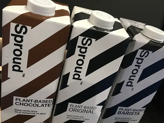 Three cartons of Sproud: chocolate, original, and barista varieties.