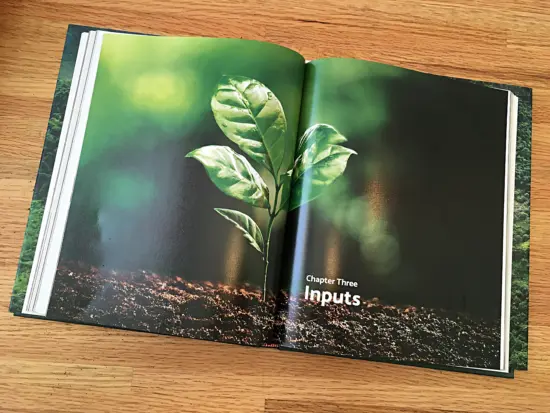 Book open to chapter three, Inputs. The pages form one large photo of a coffee seedling/young plant with five leaves. 