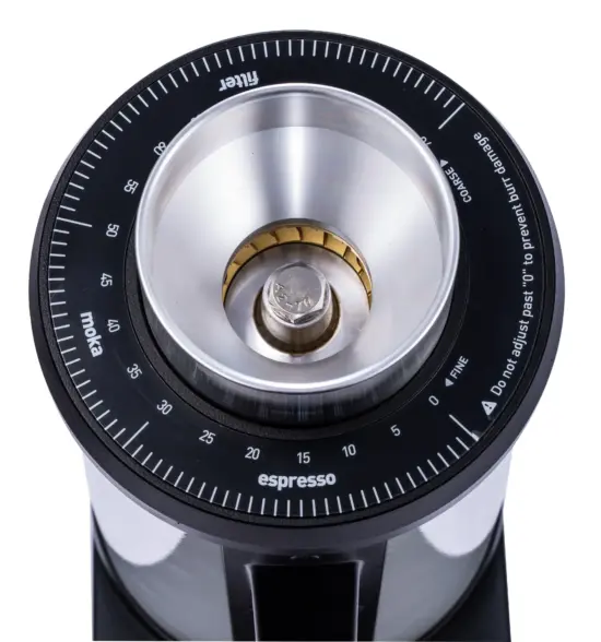 Close up of the dial and burr of a grinder. There are over 100 settings from fine to course.