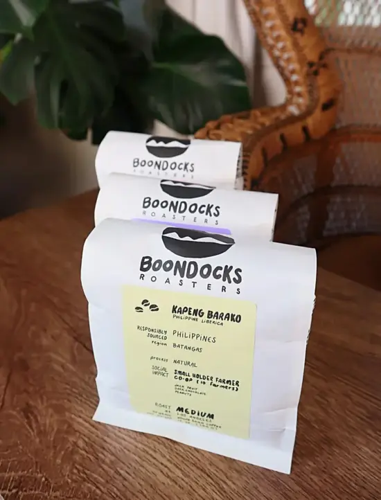 Three bags of Boondocks coffee, labeled Kapeng Barako from the Philippines.