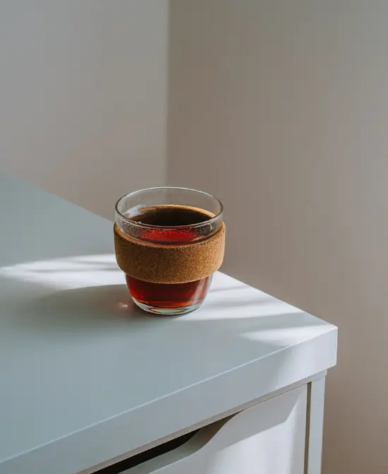 A glass and cork reusable coffee cup on the corner of a cabinet.