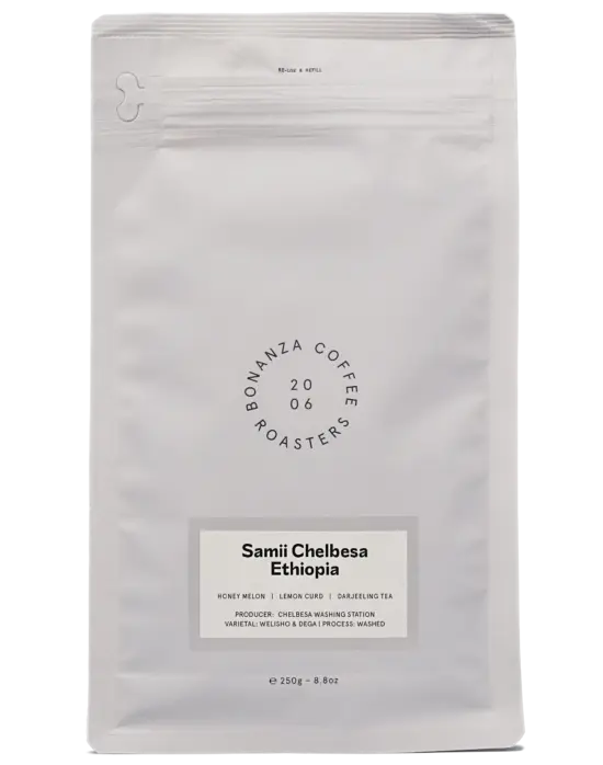 A bag of coffee from Samii Chelbesa estate in Ethiopia.