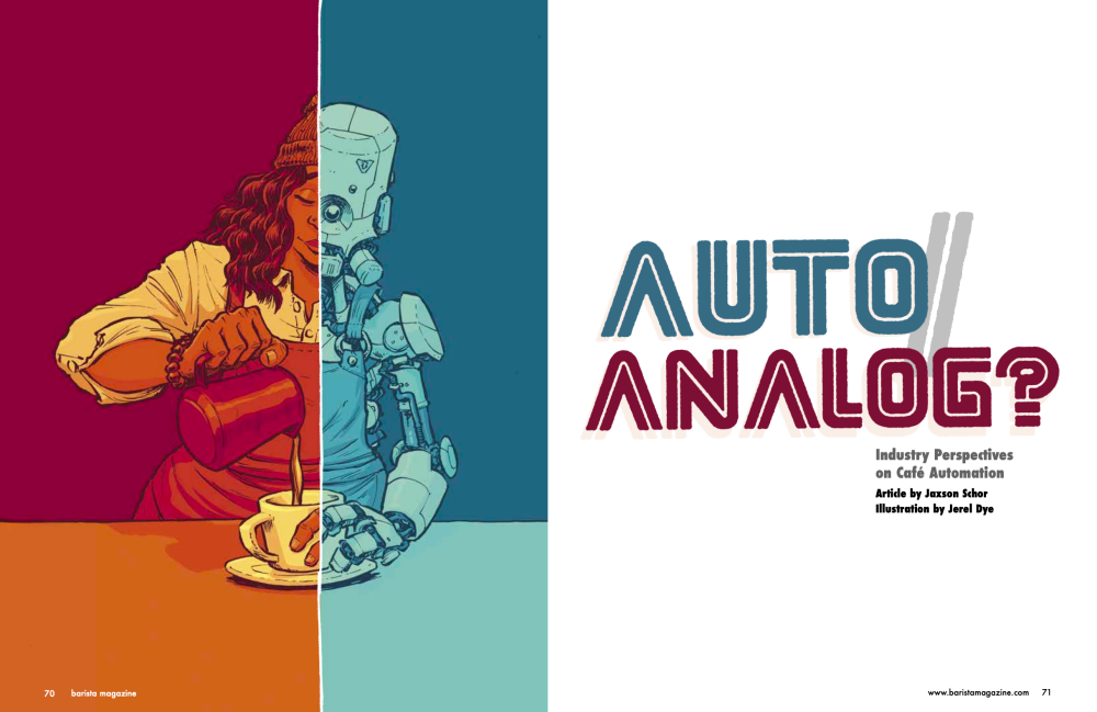 Two-page spread of Auto/Analog article with an illustration on the left of a human/robot barista