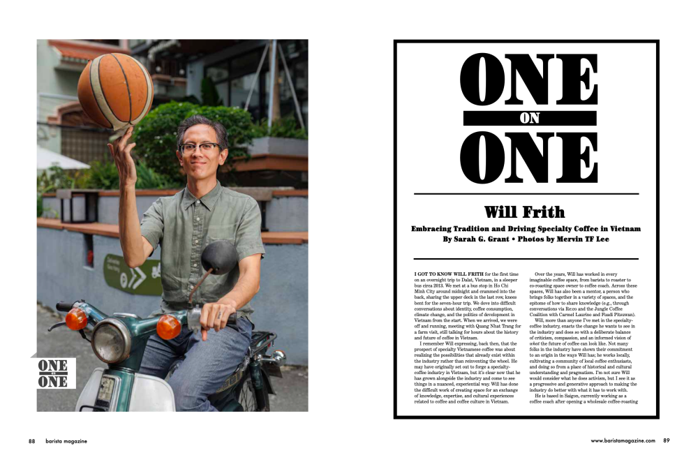 Two-page spread of One on One with Will Frith. Will Frith is on the left spinning a basketball on his finger and sitting on a scooter