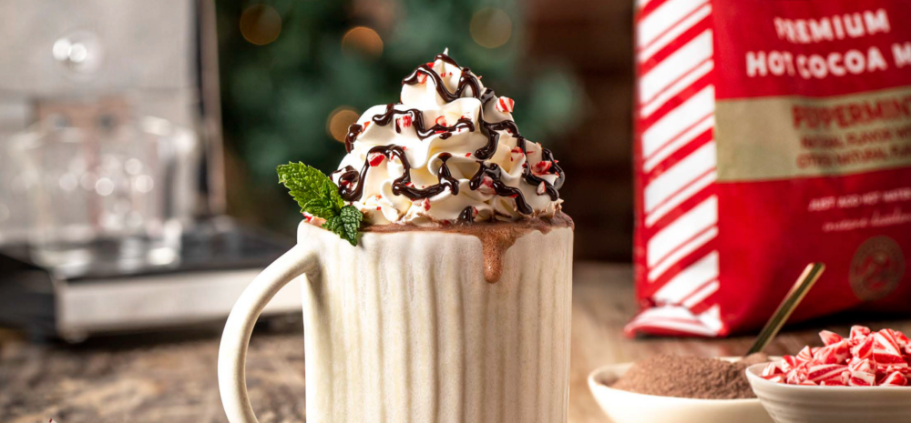 A mug with hot cocoa inside and whipped cream on top.