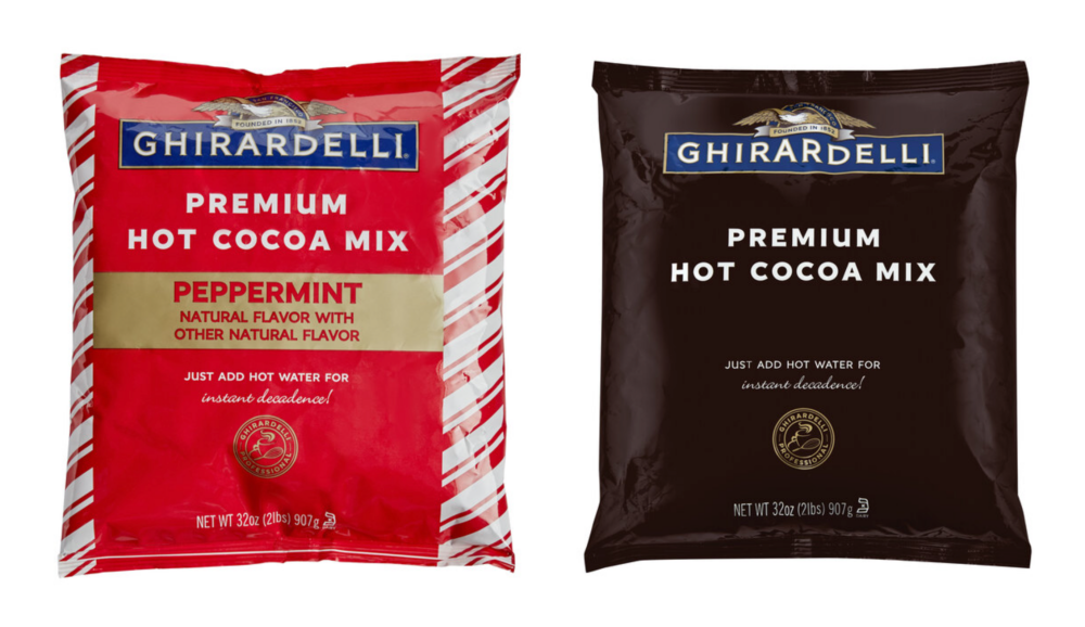Ghirardelli premium hot cocoa mix with peppermint next to a and regular hot cocoa mix package.