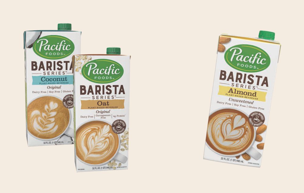 Pacific Foods Barista Series cartons of Plant-based Coconut, Oat, and Almond.