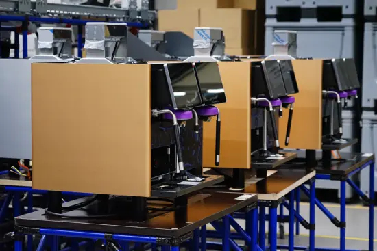 A lineup of gold espresso machines from Eversys' Super Traditional line.