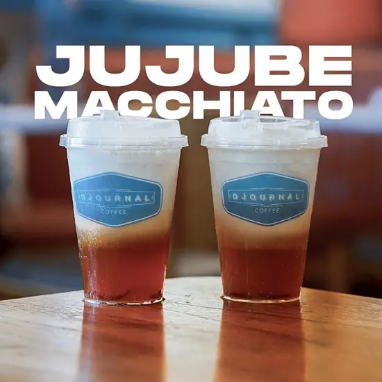 Two iced jujube macchiatos (milk floats on top).