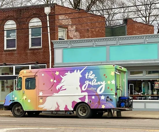 The rainbow colored and unicorn adorned coffee truck: the Galaxy Coffee.