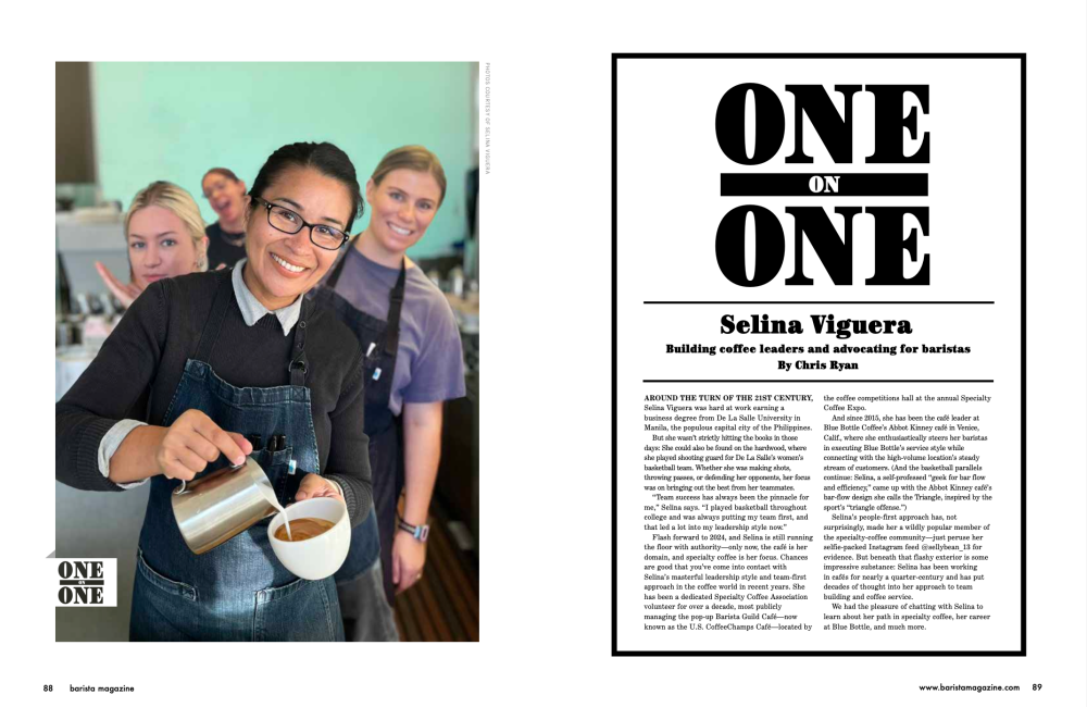 Opening spread to One on One with Selina Viguera in the February + March 2024 issue. Selina is on the left in a photo with her team and text on the right.