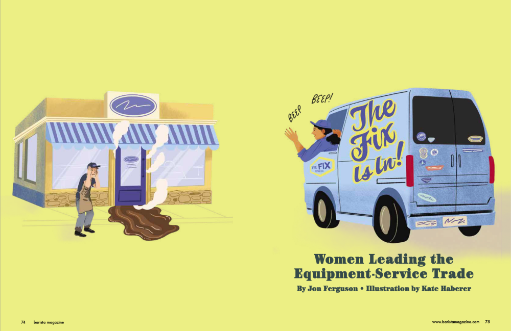 Opening spread of The Fix Is In:  Women in Coffee Tech an illustration with a cafe needing help on the right and a woman in van arriving to help on the right.