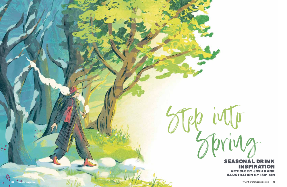 Opening spread of Step into Spring with a person moving from left to right out of a wintery environment into a springtime one