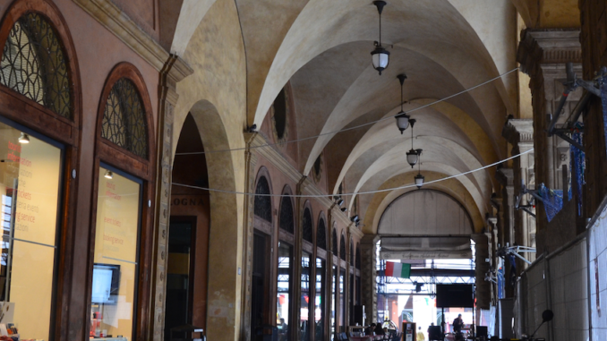 The porticos of Bologna with shops underneath.