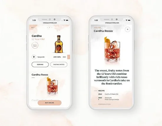 Image of whiskey bottles and glasses shown on a phone app.