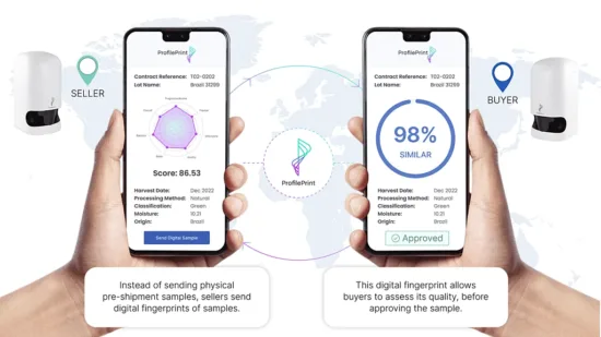 Graphics of 2 cell phones with ProfilePrint app pulled up, showing scoring and similarity of coffee samples. The photo on the left (for sellers) is captioned: Instead of sending physical pre-shipment samples, sellers send digital fingerprints of samples. On the right, for buyers: This digital imprint allows buyers to assess its quality, before approving the sample.