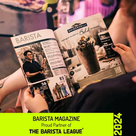 Inside an issue of Barista Magazine, and the caption: Barista Magazine, Proud Partner of The Barista League.