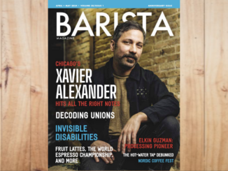 April + May 2024 issue of barista magazine with a wood background behind it.
