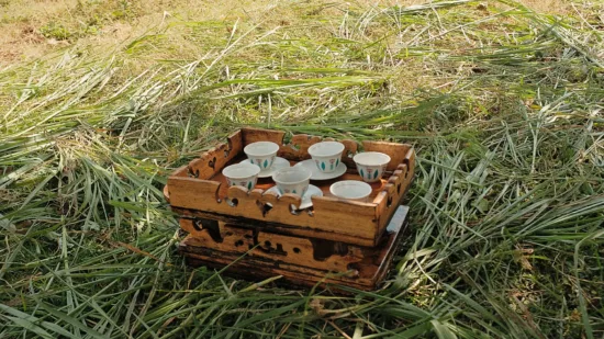 Six small cups and saucers sit on a wooden tray with raised edges. The tray is set on grass in the shade.
