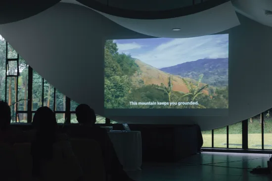 The screen at a film screening. The image is of a green mountain, and is captioned: "This mountain keeps you grounded."