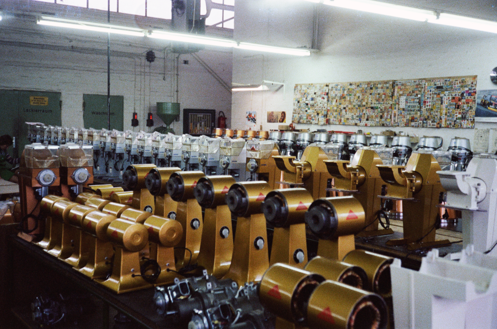 Rows of grinders on the Mahlkönig assembly line.