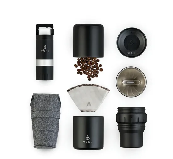 Nest Pour Over Kit elements shown with coffee beans.
