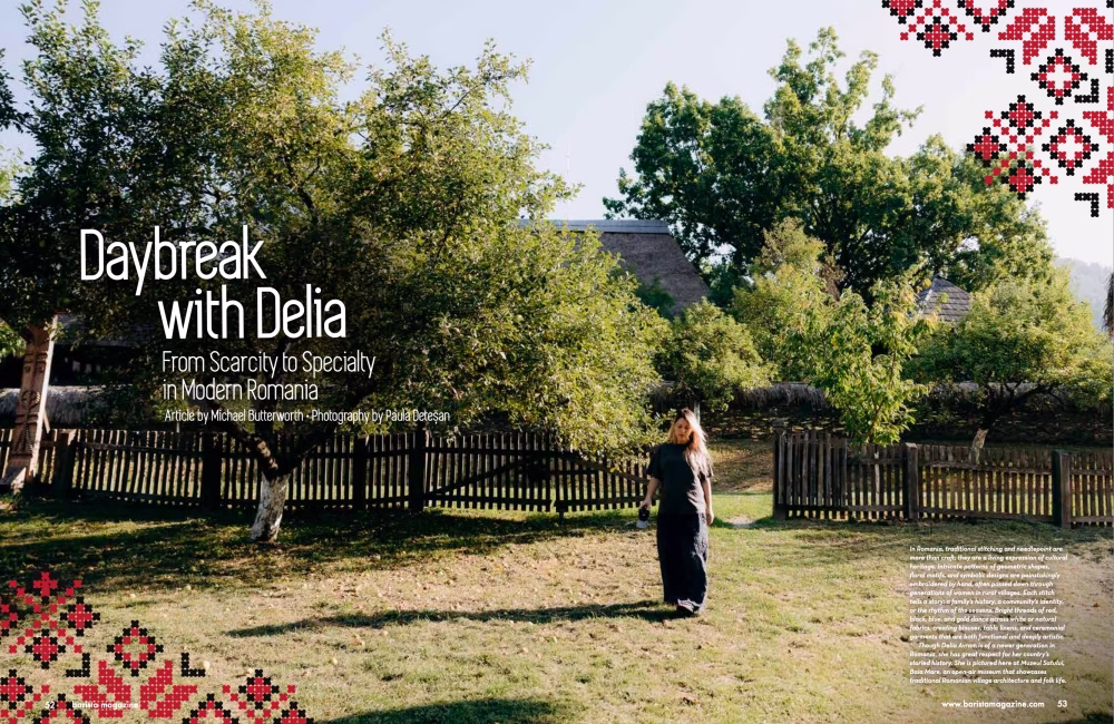 Opening two-page spread of the cover feature from the October + November 2025 issue featuring Delia Avram.