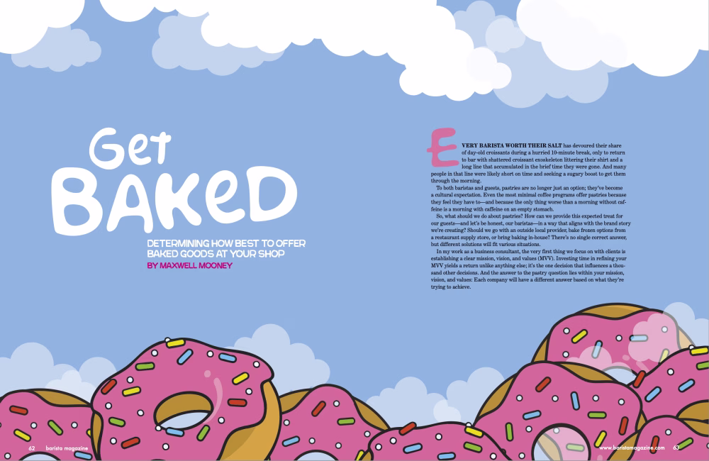 Get Baked two-page spread from the October + November 2025 issue featuring an illustration fo donuts